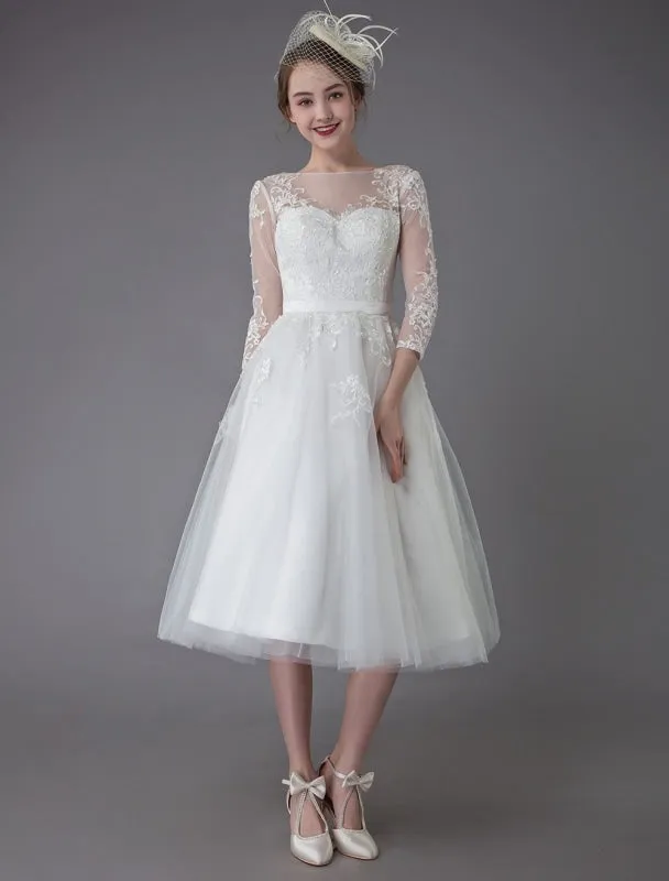 Vintage Wedding Dresses Tulle Bateau 3/4 Length Sleeve A Line Bridal Gown Short Bridal Dress Exclusive