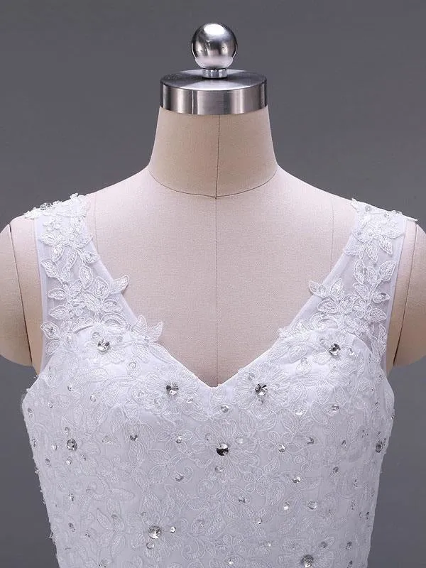 Wedding Dresses V Neck Sleeveless A Line Lace Embellishment Beaded Sash Bridal Dresses With Train