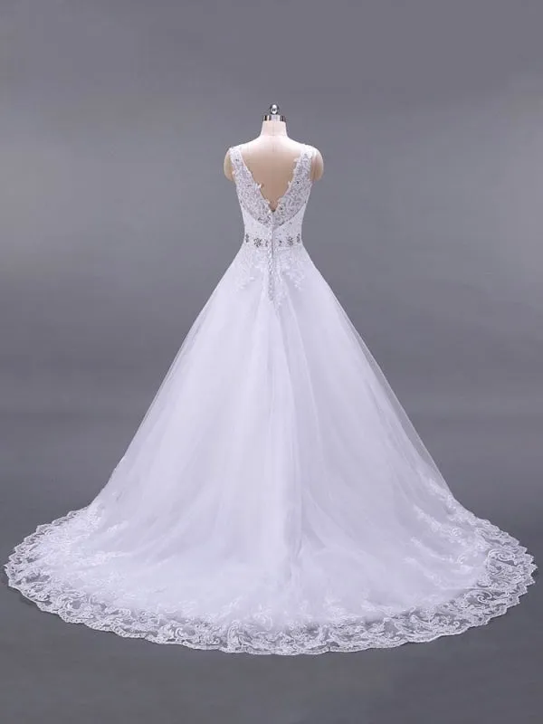 Wedding Dresses V Neck Sleeveless A Line Lace Embellishment Beaded Sash Bridal Dresses With Train