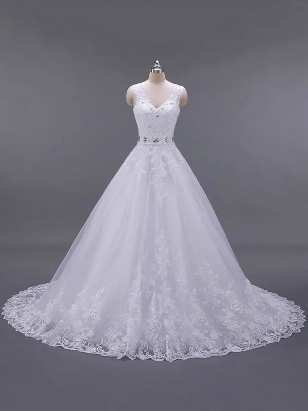 Wedding Dresses V Neck Sleeveless A Line Lace Embellishment Beaded Sash Bridal Dresses With Train