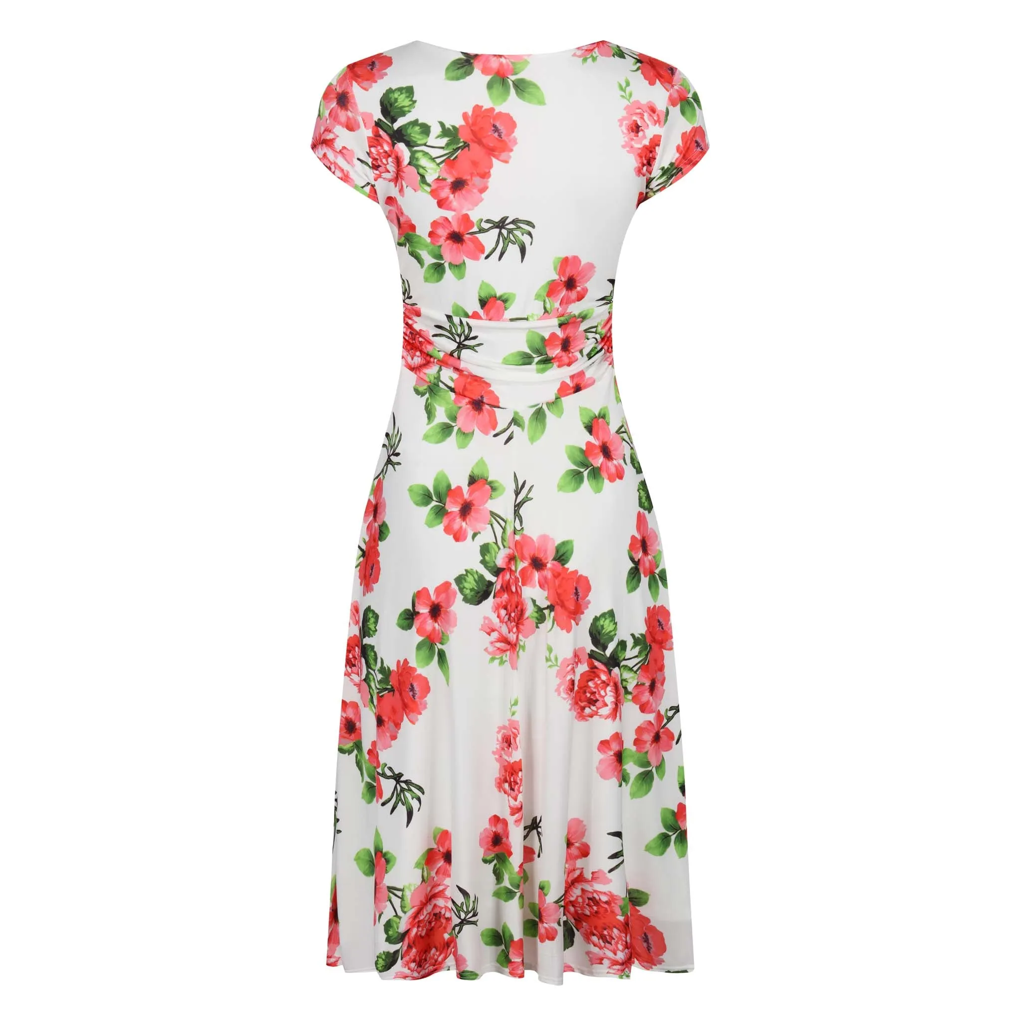 White Floral Print Capped Sleeve Wrap Effect Tea Dress