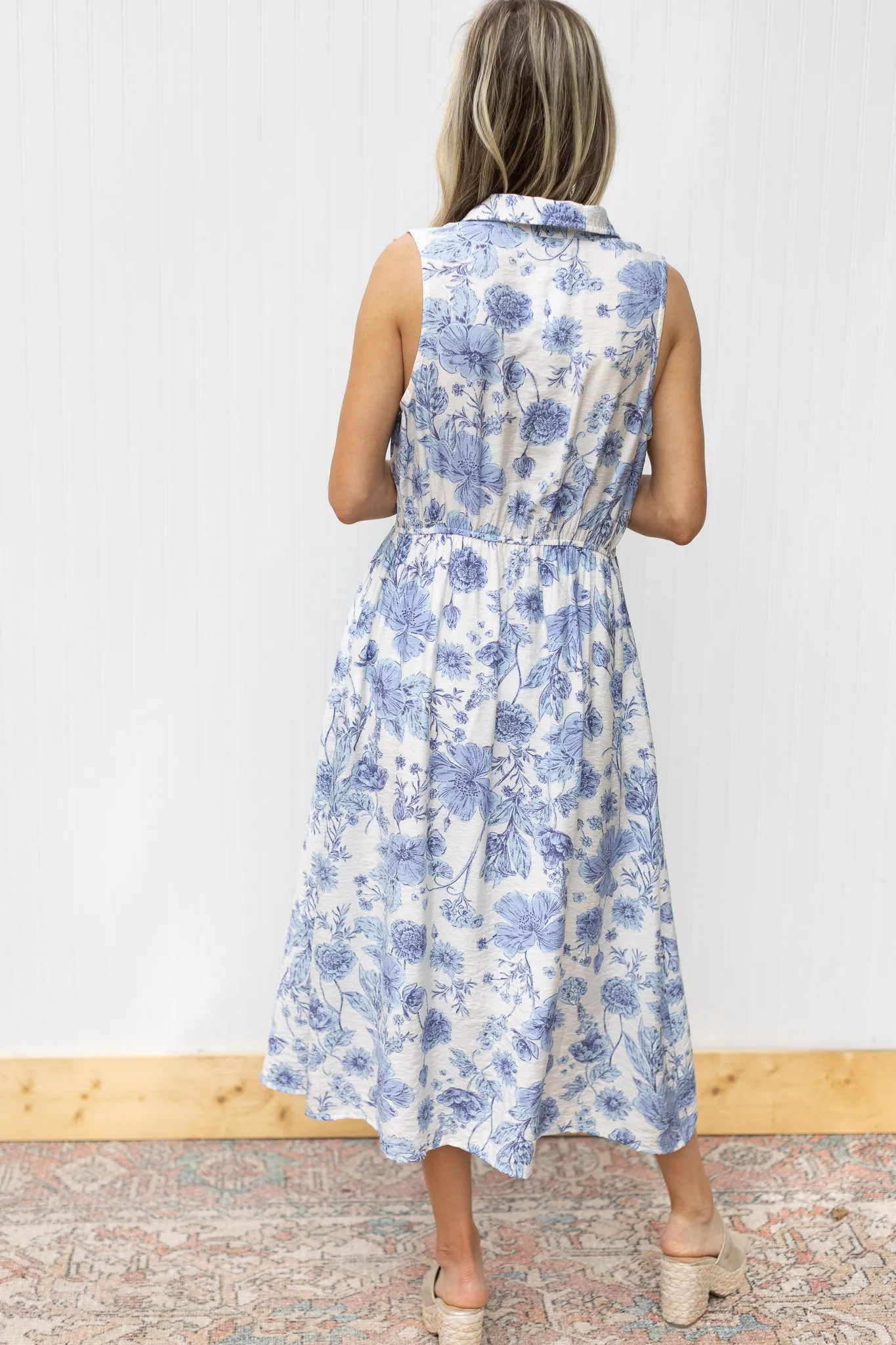 X Blue White Floral Sleeveless Midi Dress