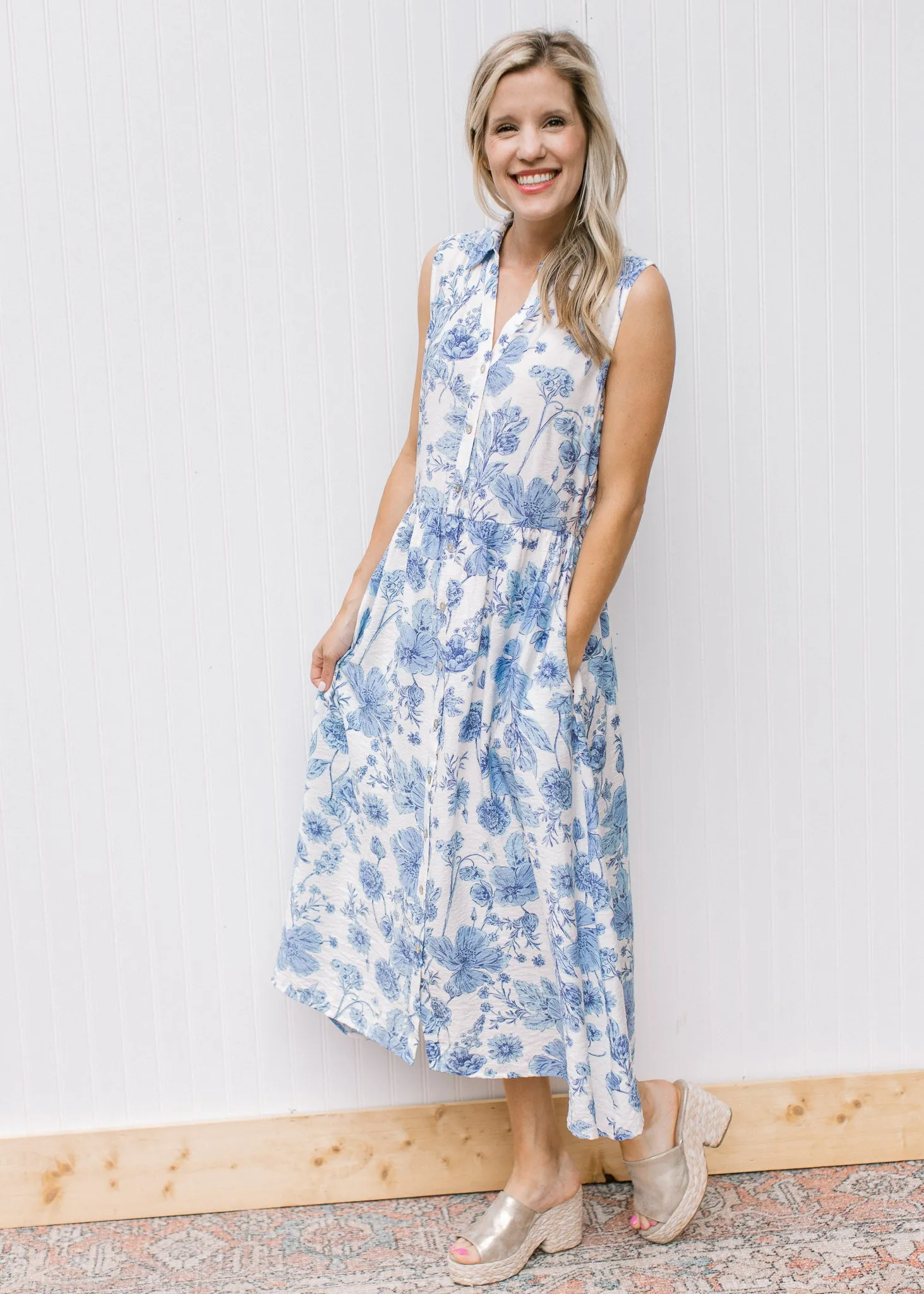 X Blue White Floral Sleeveless Midi Dress