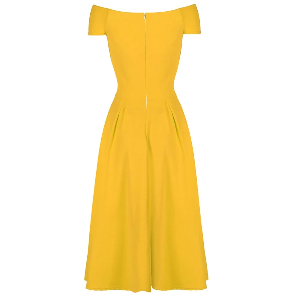 Yellow Cap Sleeve Crossover Top 50s Swing Bardot Dress