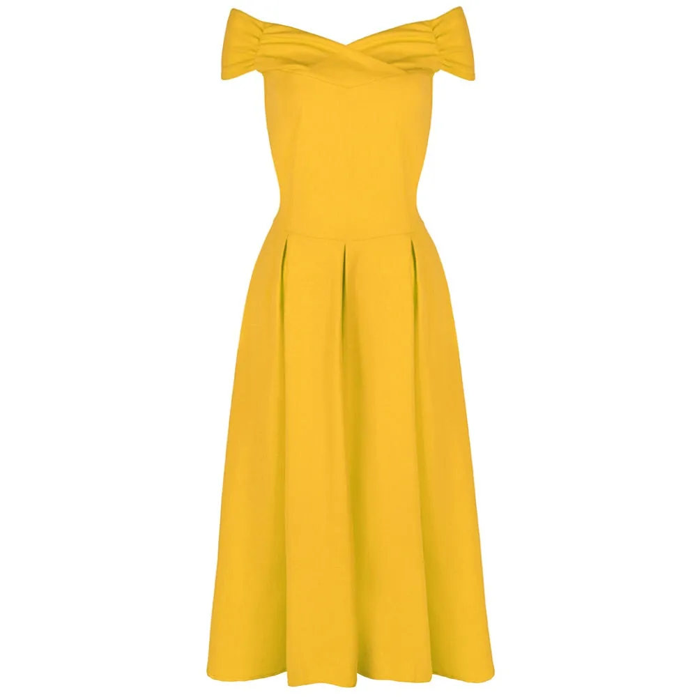 Yellow Cap Sleeve Crossover Top 50s Swing Bardot Dress